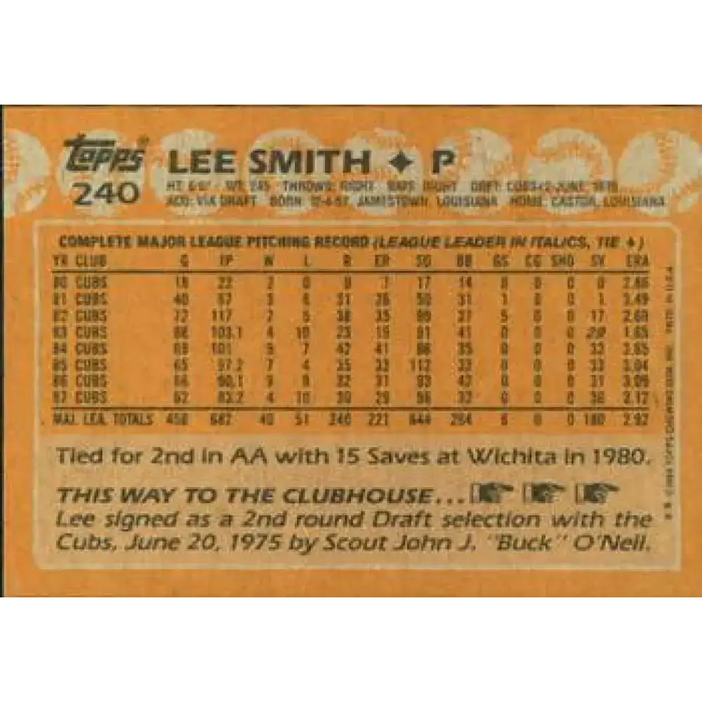 1988 Topps #240 Lee Smith NM-MT Chicago Cubs Baseball Card - Baseball Card Single