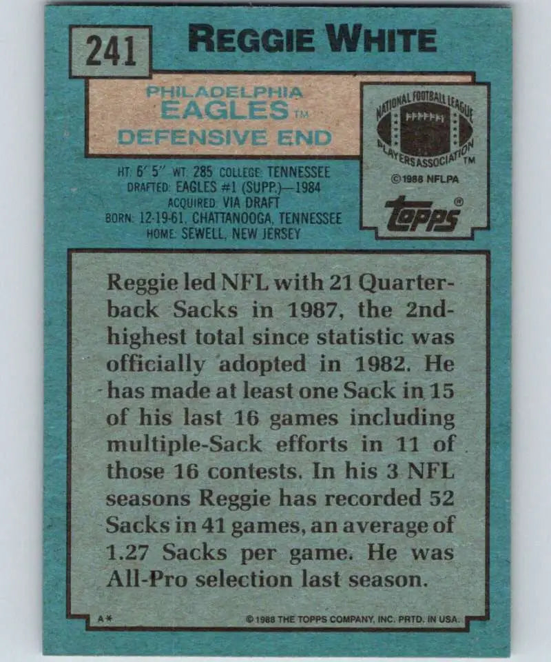 1988 Topps #241 Reggie White EX Excellent Philadelphia Eagles Football Card - Football Card Single