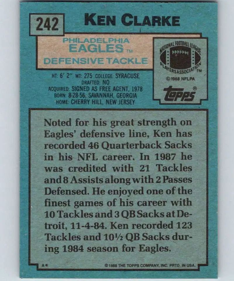 1988 Topps #242 Ken Clarke EX Excellent Philadelphia Eagles Football Card - Football Card Single