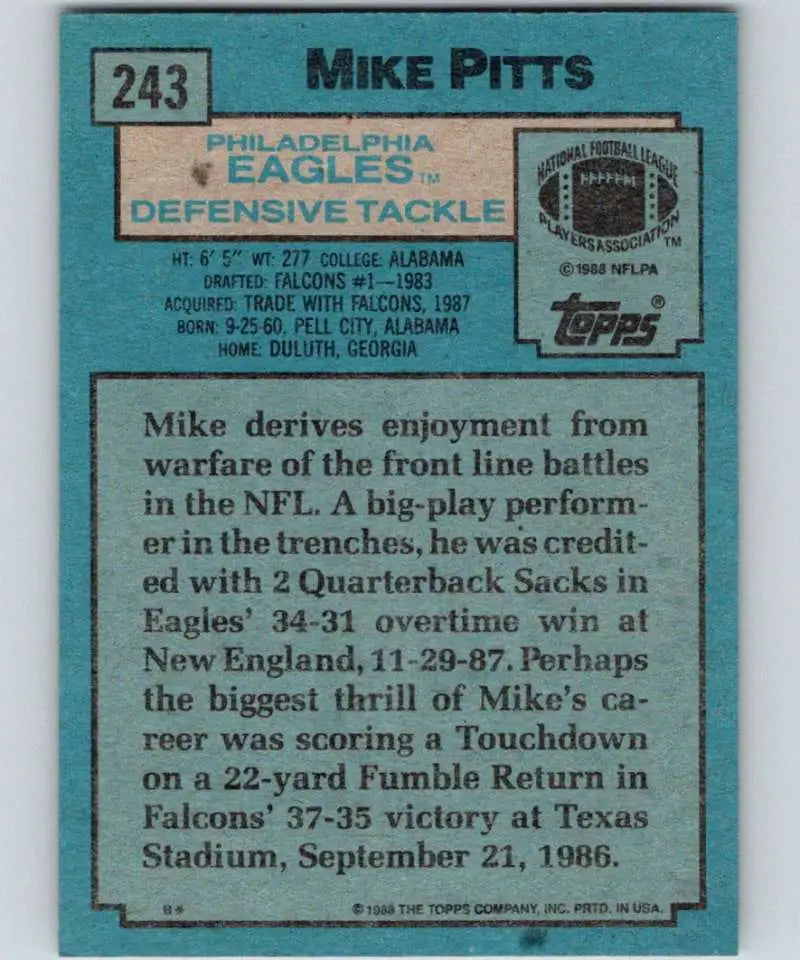 1988 Topps #243 Mike Pitts EX Excellent Philadelphia Eagles Football Card - Football Card Single