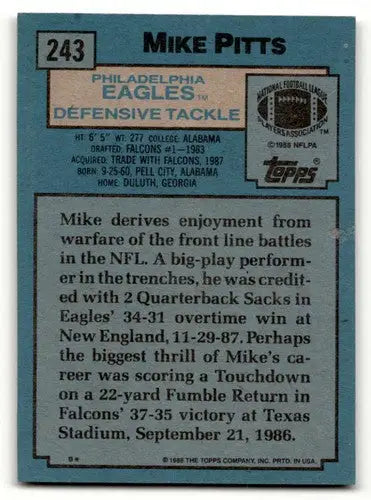 1988 Topps #243 Mike Pitts Philadelphia Eagles Football Cards EX/NM ID:62576 - Football Card Single