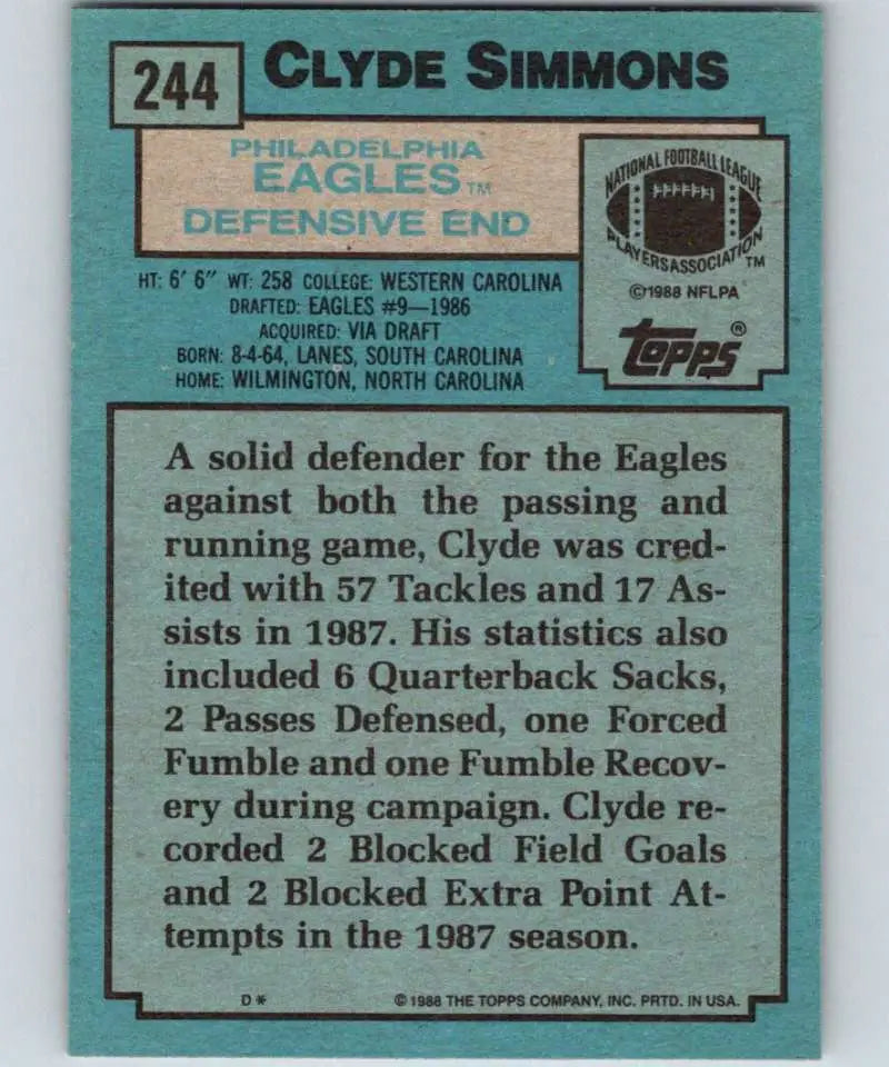 1988 Topps #244 Clyde Simmons EX Excellent RC Rookie Philadelphia Eagles Football Card - Football Card Single