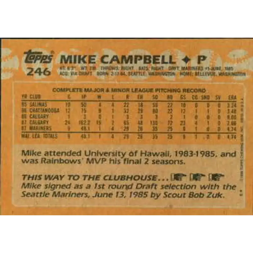 1988 Topps #246 Mike Campbell NM-MT RC Rookie Seattle Mariners Baseball Card - Baseball Card Single