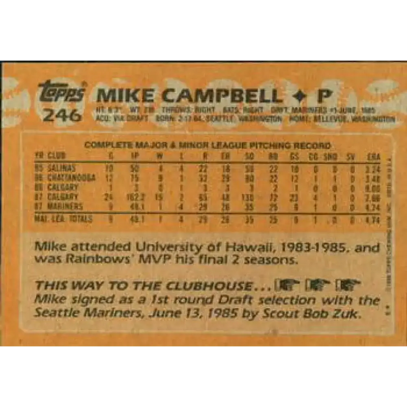 1988 Topps #246 Mike Campbell NM-MT RC Rookie Seattle Mariners Baseball Card - Baseball Card Single