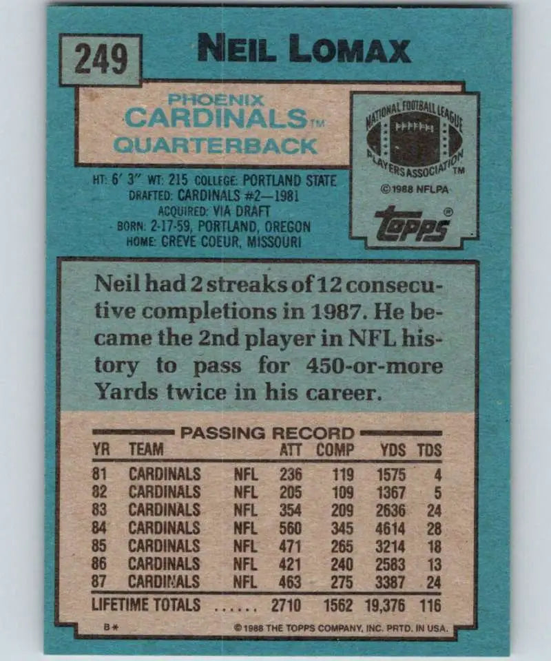 1988 Topps #249 Neil Lomax EX Excellent Phoenix Cardinals Football Card - Football Card Single