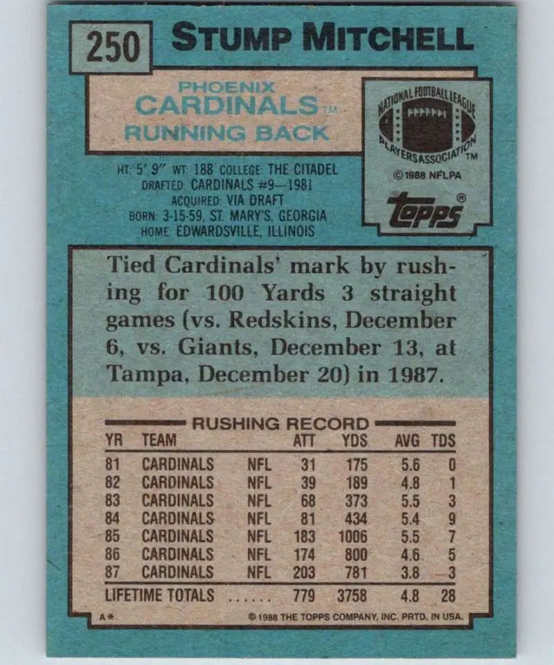 1988 Topps #250 Stump Mitchell EX Excellent Phoenix Cardinals Football Card - Football Card Single