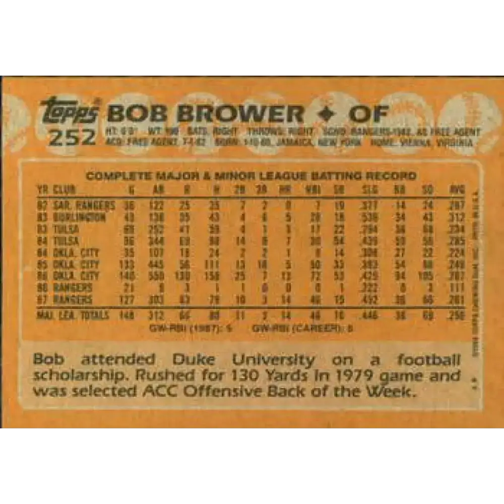 1988 Topps #252 Bob Brower NM-MT Texas Rangers Baseball Card - Baseball Card Single