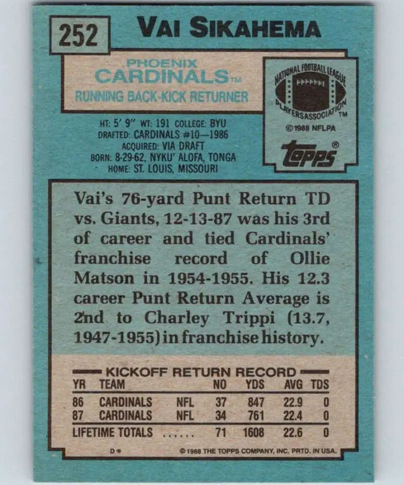 1988 Topps #252 Vai Sikahema EX Excellent Phoenix Cardinals Football Card - Football Card Single