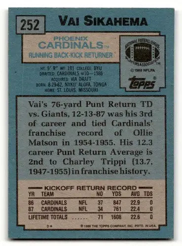 Vintage football card featuring Vai Sikahema Phoenix Cardinals with original gloss