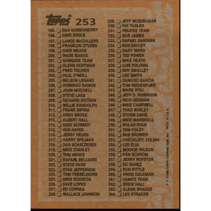 1988 Topps #253 Checklist 133-264 NM-MT Checklist Baseball Card - Baseball Card Single