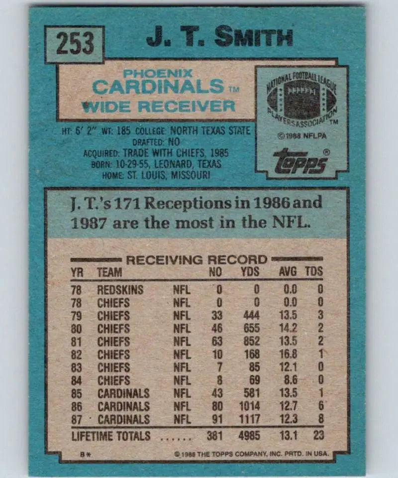 1988 Topps #253 J.T. Smith EX Excellent Phoenix Cardinals Football Card