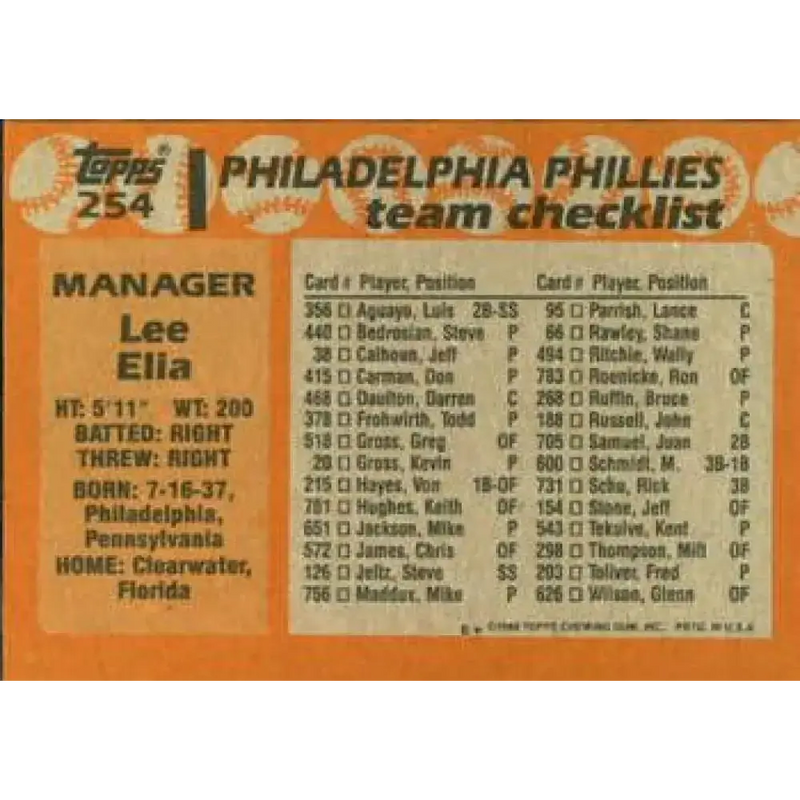 1988 Topps #254 Lee Elia NM-MT Philadelphia Phillies Baseball Card - Baseball Card Single