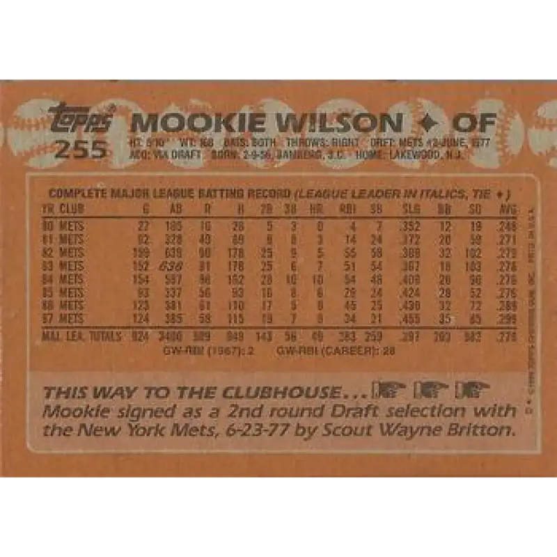 1988 Topps #255 Mookie Wilson NM-MT New York Mets Baseball Card - Baseball Card Single