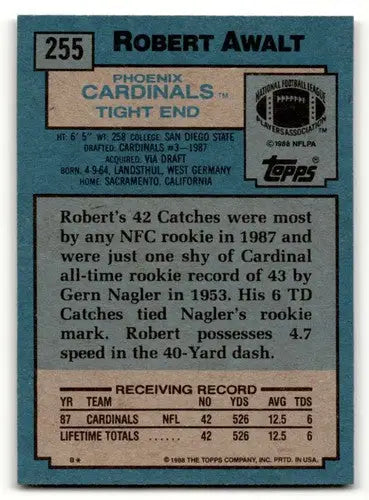 Original gloss Robert Awalt Phoenix Cardinals football card from 1988 Topps #255