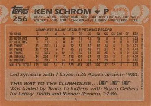 1988 Topps #256 Ken Schrom NM-MT Indians - Baseball Card Single