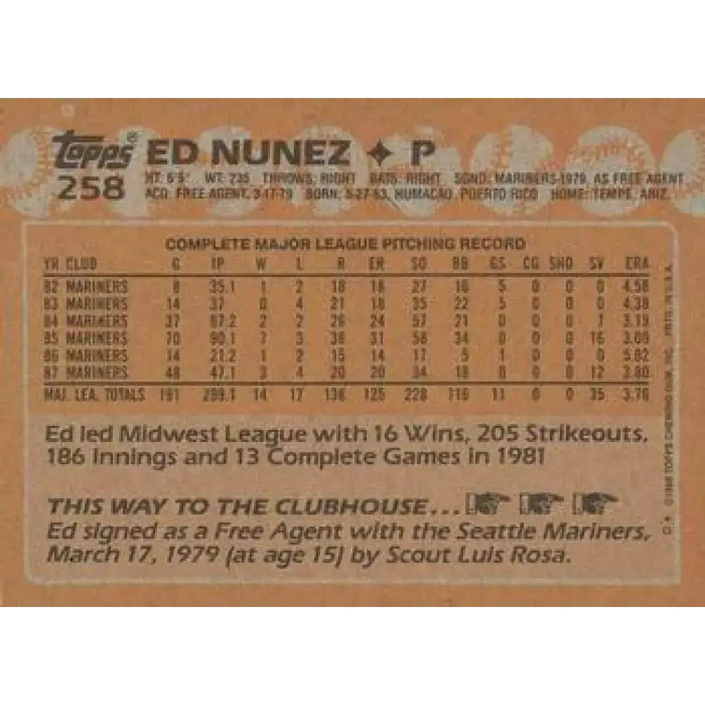 1988 Topps #258 Edwin Nunez NM-MT Seattle Mariners Baseball Card - Baseball Card Single