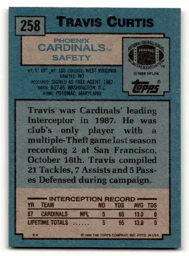 Original gloss Travis Curtis Phoenix football card from 1988 Topps #258 Curtis Phoenix Cardinals