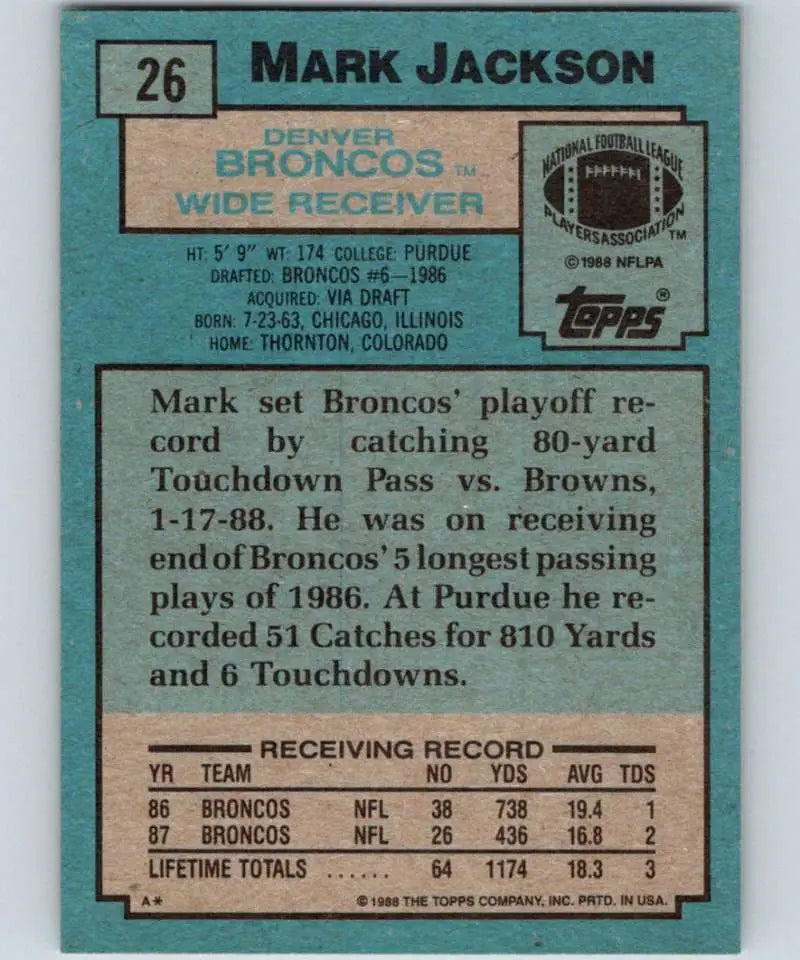 1988 Topps #26 Mark Jackson EX Excellent RC Rookie Denver Broncos Football Card - Football Card Single