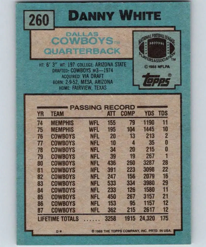 1988 Topps #260 Danny White EX Excellent Dallas Cowboys Football Card - Football Card Single