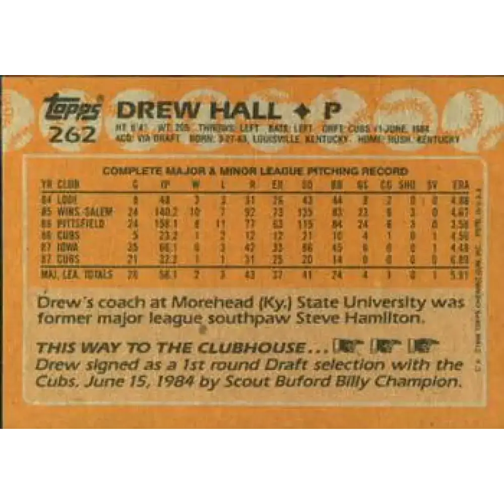 1988 Topps #262 Drew Hall NM-MT Chicago Cubs Baseball Card - Baseball Card Single