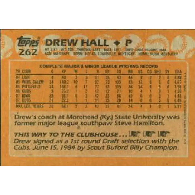 1988 Topps #262 Drew Hall NM-MT Chicago Cubs Baseball Card - Baseball Card Single