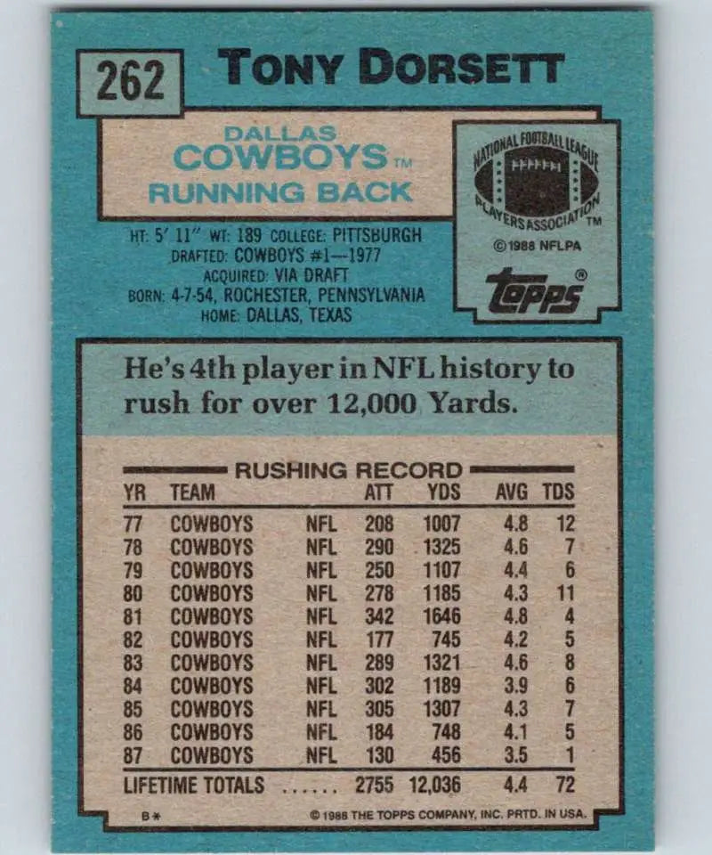 1988 Topps #262 Tony Dorsett EX Excellent Dallas Cowboys Football Card - Football Card Single