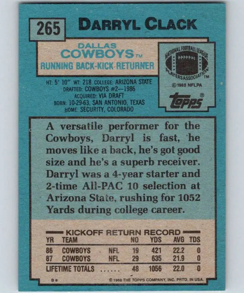 1988 Topps #265 Darryl Clack EX Excellent Dallas Cowboys Football Card - Football Card Single