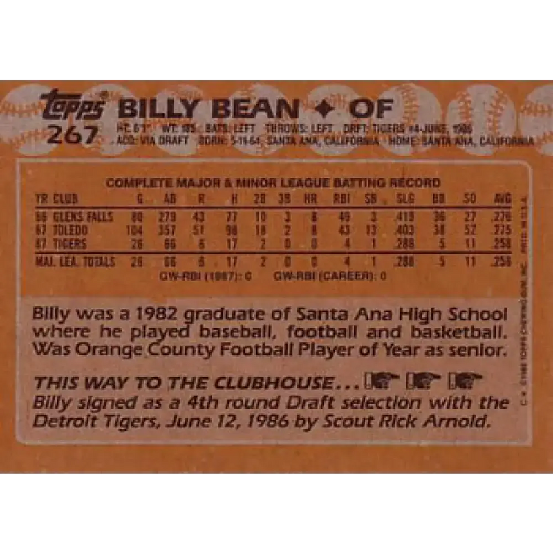 1988 Topps #267 Billy Bean NM-MT RC Rookie Detroit Tigers Baseball Card - Baseball Card Single