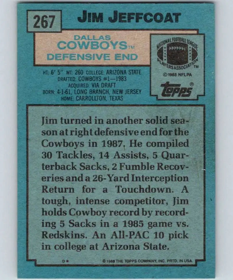 1988 Topps #267 Jim Jeffcoat EX Excellent Dallas Cowboys Football Card