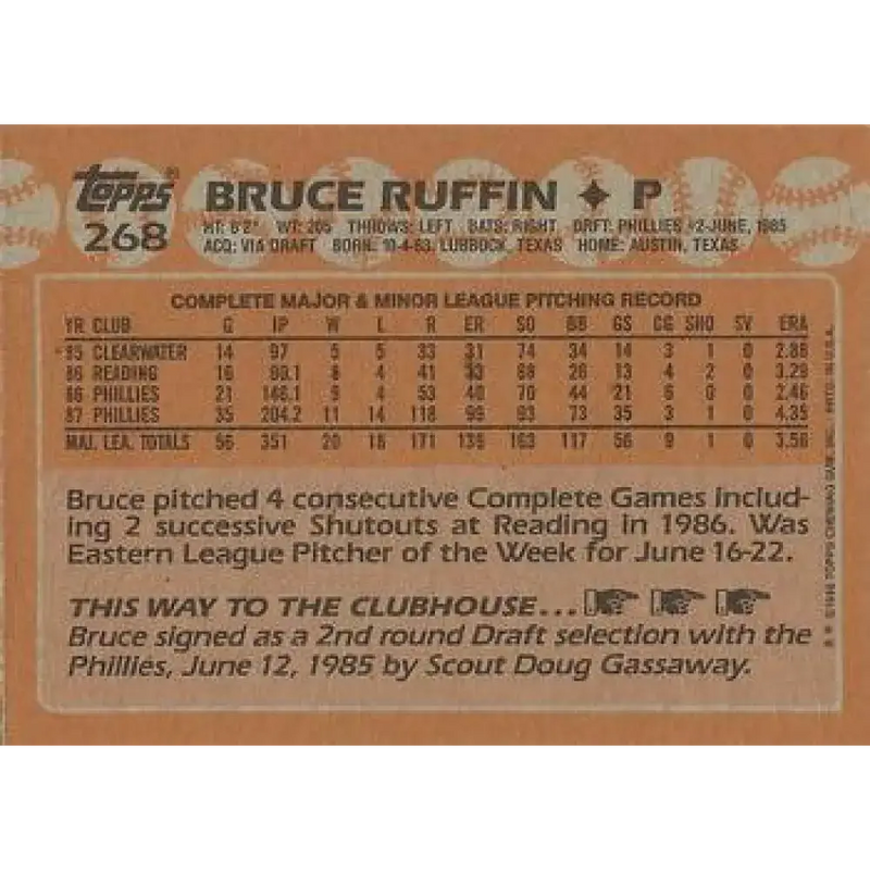 1988 Topps #268 Bruce Ruffin NM-MT Philadelphia Phillies Baseball Card - Baseball Card Single