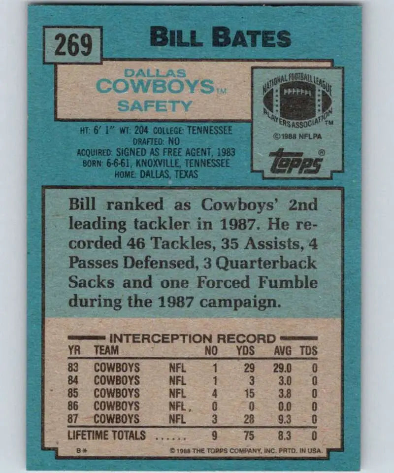 1988 Topps #269 Bill Bates EX Excellent Dallas Cowboys Football Card - Football Card Single