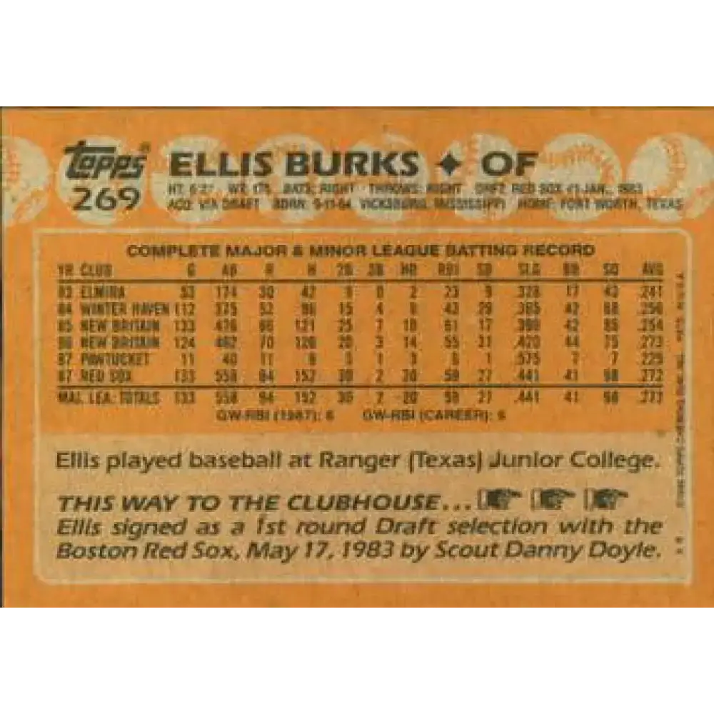 1988 Topps #269 Ellis Burks NM-MT RC Rookie Boston Red Sox Baseball Card - Baseball Card Single