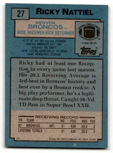 1988 Topps Ricky Nattiel Denver Broncos football card showing Nattiel Denver Broncos player