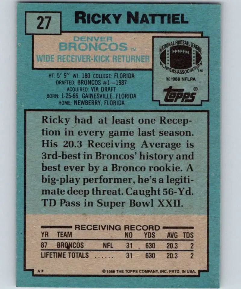 1988 Topps #27 Ricky Nattiel EX Excellent RC Rookie Denver Broncos Football Card - Football Card Single