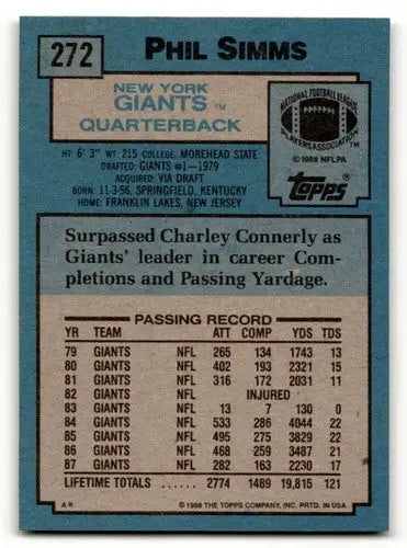 Image of 1988 Topps Phil Simms football card back with original gloss and Giants football cards