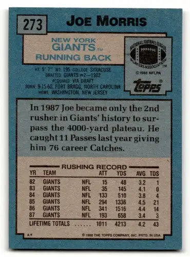 Original gloss Joe Morris Giants football card from 1988 Topps series