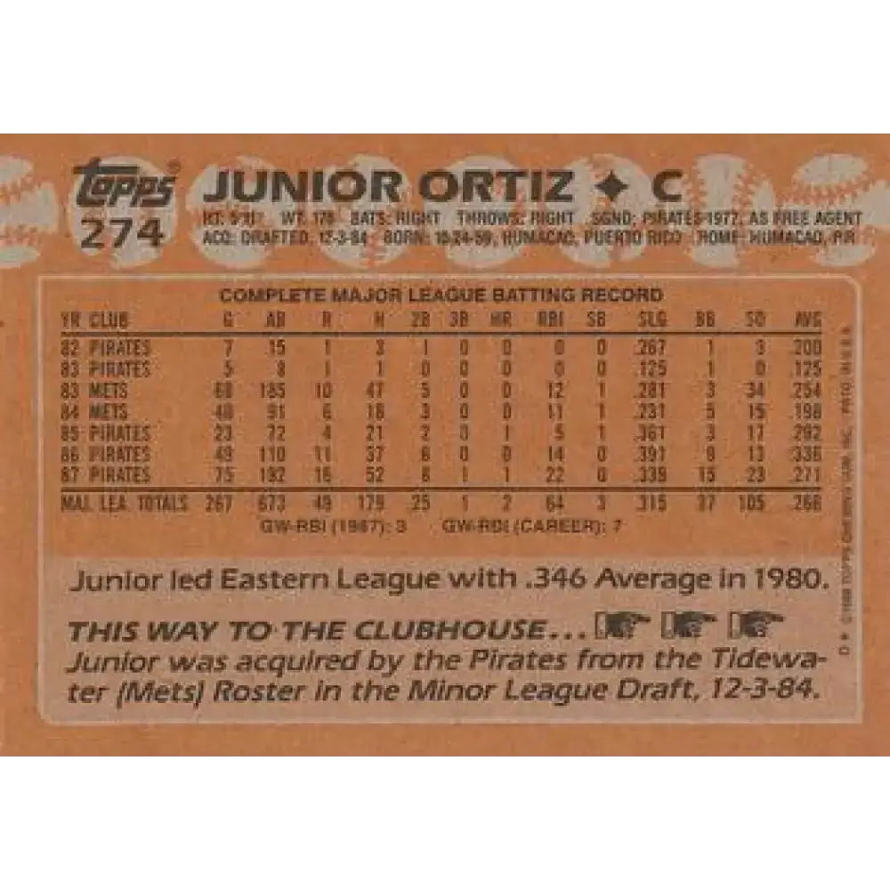 1988 Topps #274 Junior Ortiz NM-MT Pittsburgh Pirates Baseball Card - Baseball Card Single