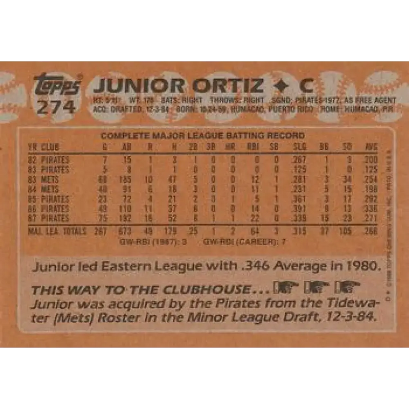 1988 Topps #274 Junior Ortiz NM-MT Pittsburgh Pirates Baseball Card - Baseball Card Single