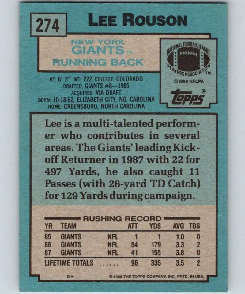 1988 Topps #274 Lee Rouson EX Excellent New York Giants Football Card