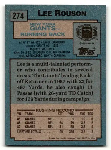 1988 Topps Lee Rouson Giants football card featuring New York Giants football cards collectible