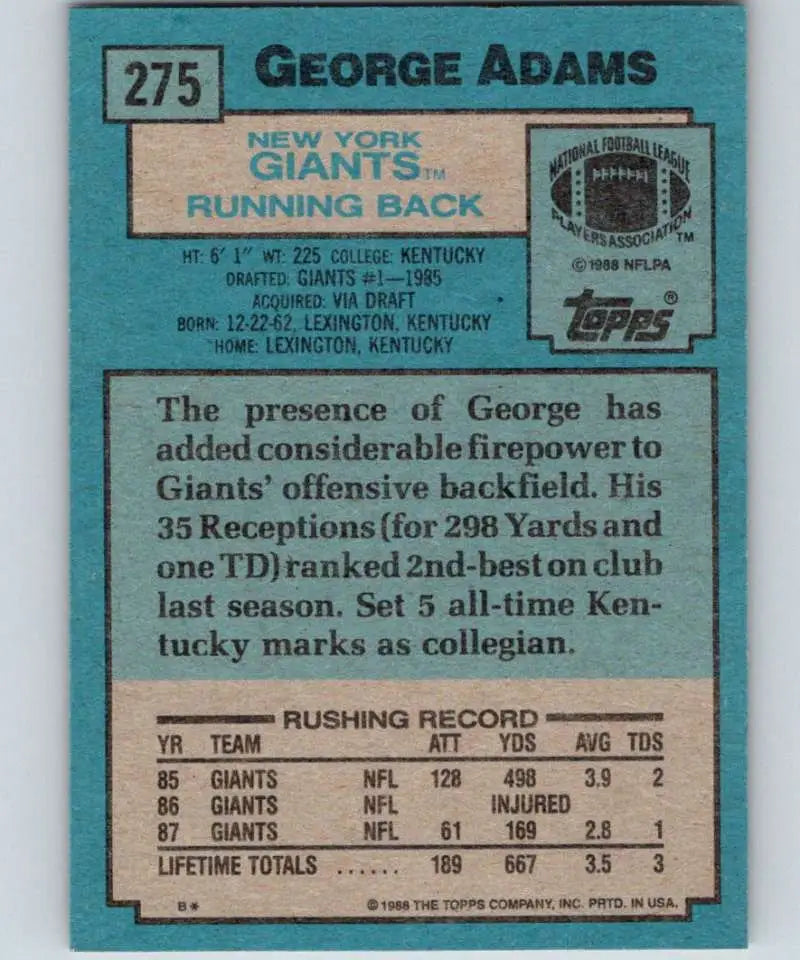 1988 Topps #275 George Adams EX Excellent New York Giants Football Card - Football Card Single