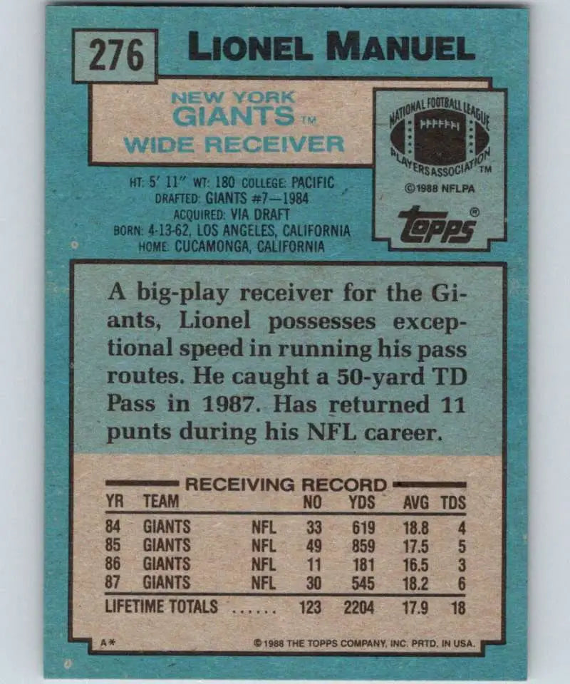 1988 Topps #276 Lionel Manuel EX Excellent New York Giants Football Card