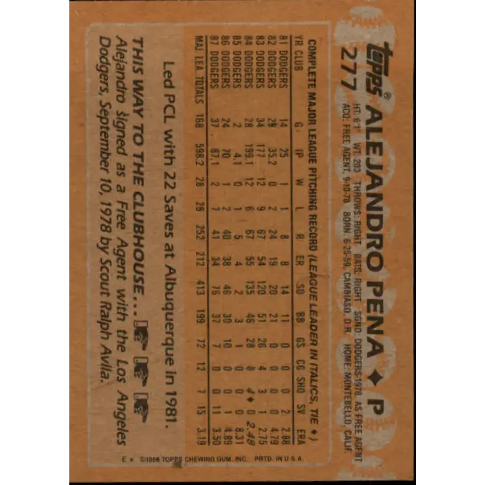 1988 Topps #277 Alejandro Pena NM-MT Los Angeles Dodgers Baseball Card - Baseball Card Single