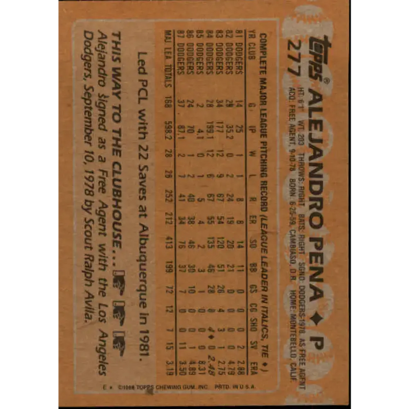 1988 Topps #277 Alejandro Pena NM-MT Los Angeles Dodgers Baseball Card - Baseball Card Single