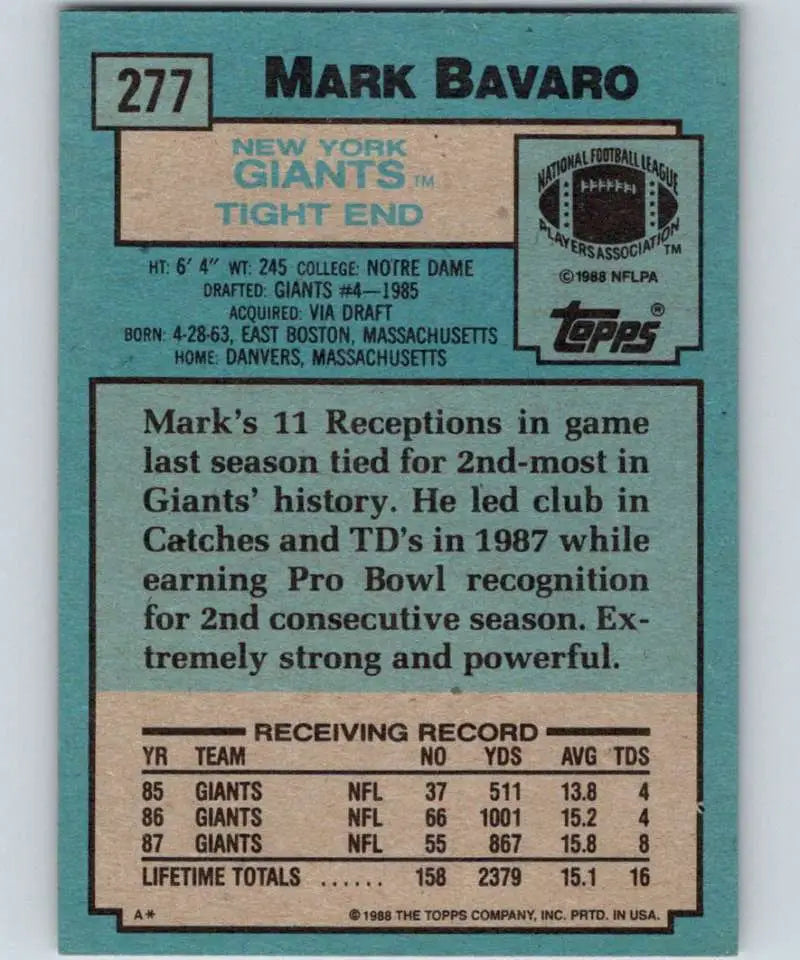 1988 Topps #277 Mark Bavaro EX Excellent New York Giants Football Card - Football Card Single