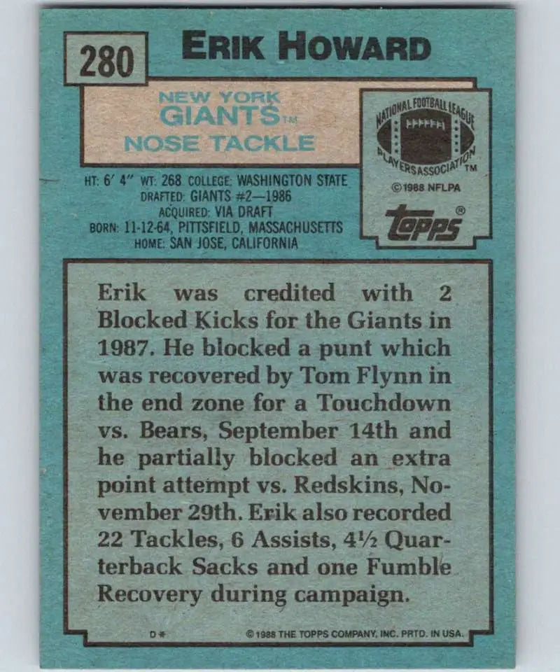 1988 Topps #280 Erik Howard EX Excellent New York Giants Football Card - Football Card Single
