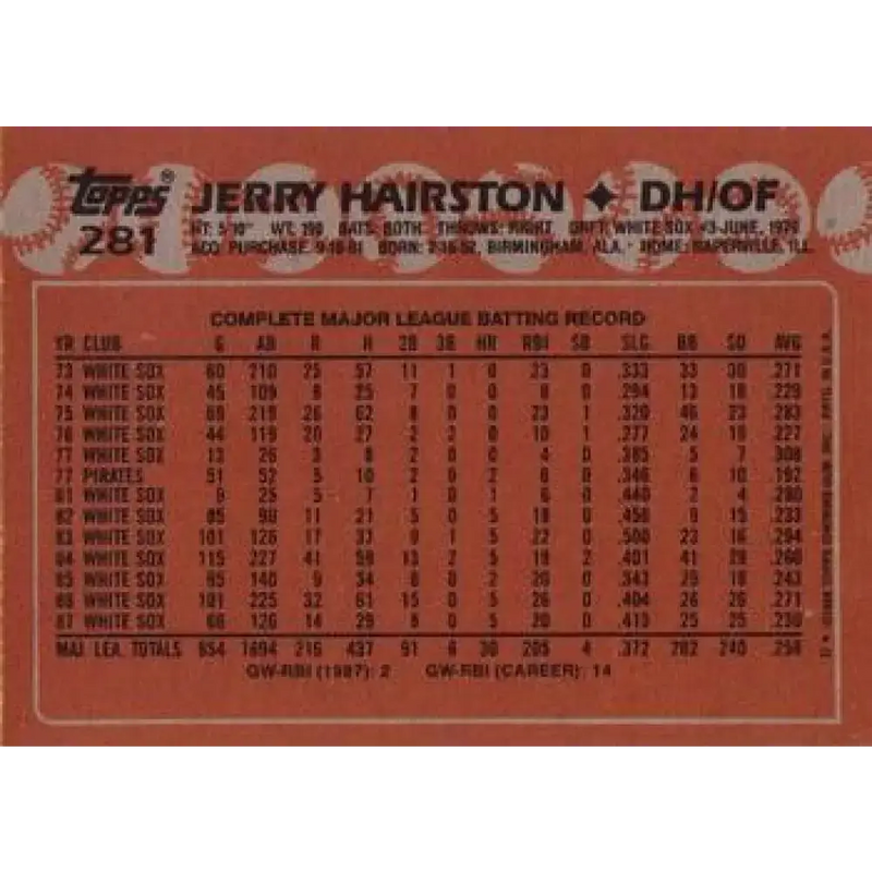 1988 Topps #281 Jerry Hairston NM-MT Chicago White Sox Baseball Card - Baseball Card Single