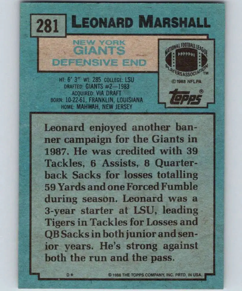 1988 Topps #281 Leonard Marshall EX Excellent New York Giants Football Card - Football Card Single
