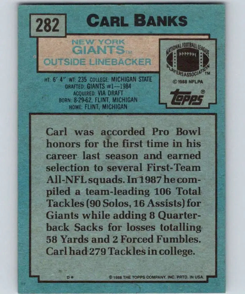 1988 Topps #282 Carl Banks EX Excellent New York Giants Football Card - Football Card Single