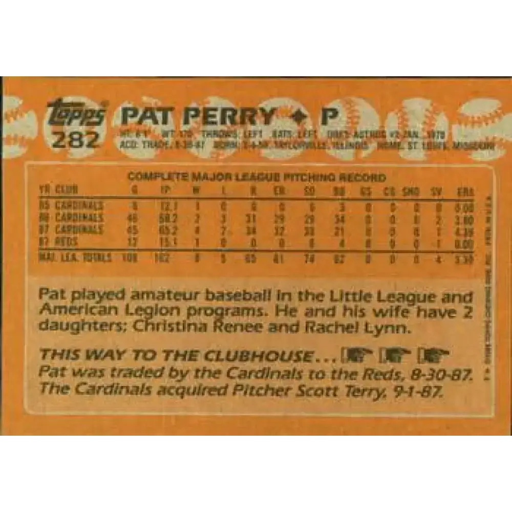1988 Topps #282 Pat Perry NM-MT Cincinnati Reds Baseball Card - Baseball Card Single